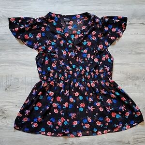 Torrid, size 2X, black with pink and blue flower chiffon blouse